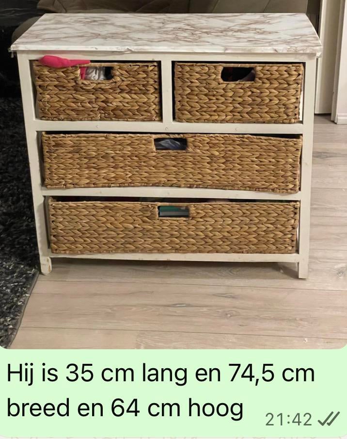 Houten ladekast met rieten laden, Huis en Inrichting, Kasten | Ladekasten, Ophalen, Gebruikt, Overige materialen, 50 tot 100 cm