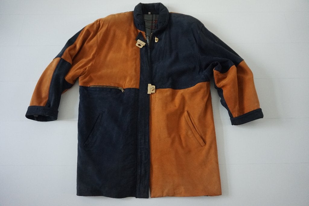 Sampol jas suède leer blauw oker uit Spanje maat 44 46 L XL, Blauw, Maat 46/48 (XL) of groter, Sampol, Ophalen of Verzenden