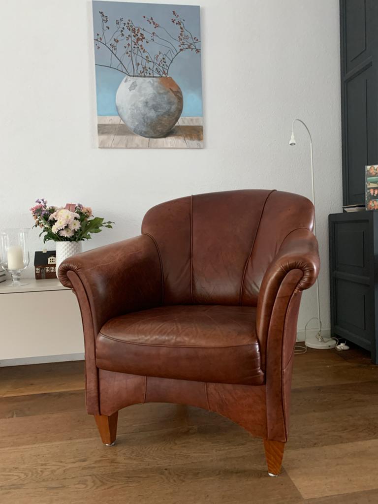 Comfortabele leren fauteuil Bruin - nu met gratis lederwas!, Huis en Inrichting, Fauteuils, Ophalen, Gebruikt, 75 tot 100 cm, Leer