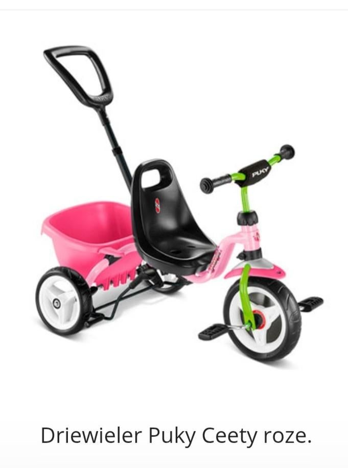 Puky Ceety driewieler roze met duwstang, Ophalen, Terugtraprem, Puky, Verstelbare zitting