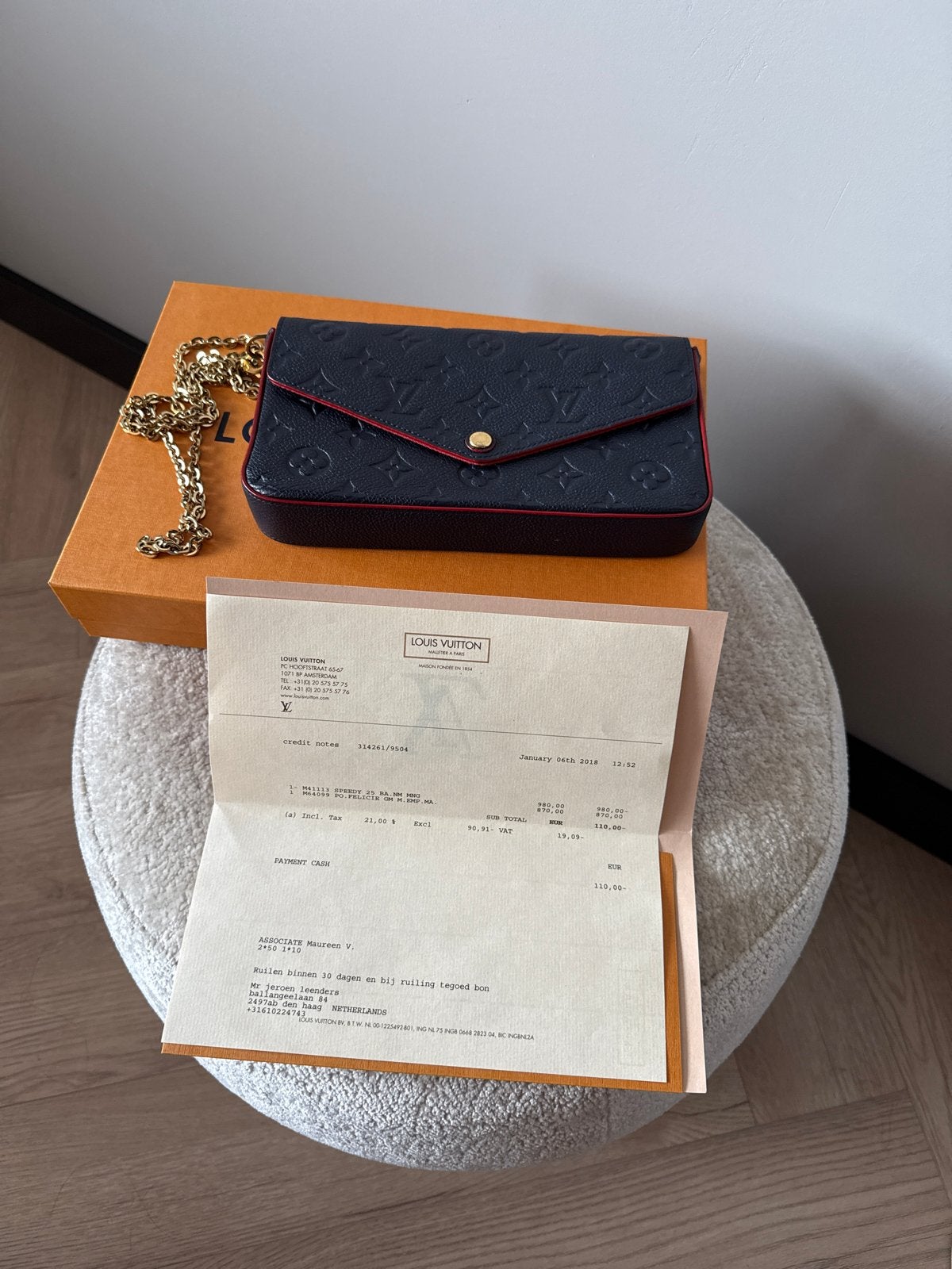 Louis Vuitton Pochette Felicie Blauw Rood Goudkleurige Ketti, Sieraden, Tassen en Uiterlijk, Tassen | Damestassen, Ophalen, Gebruikt