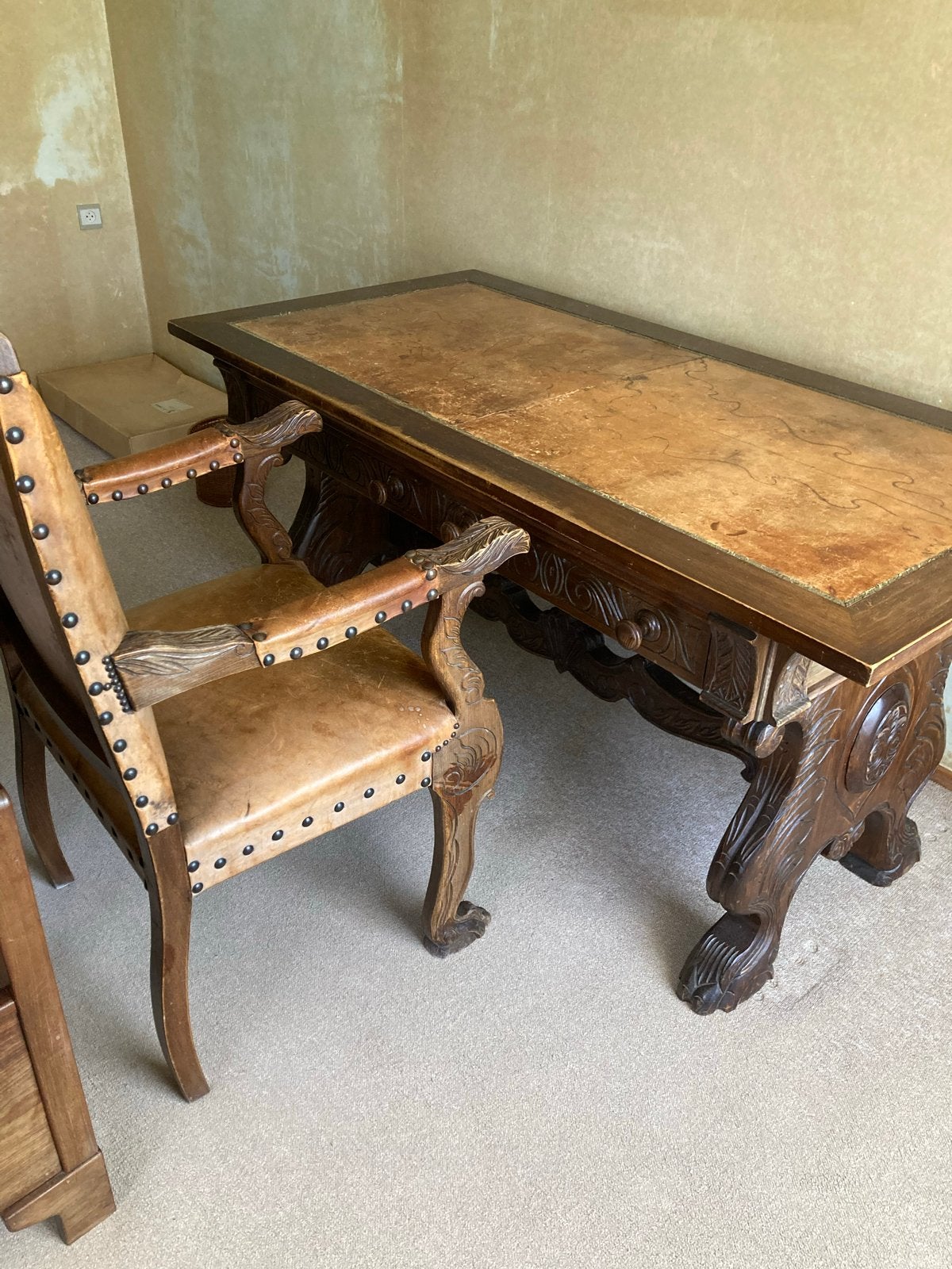 Antiek Eiken Bureau met Leren Blad en Bijpassende Stoel, Ophalen of Verzenden