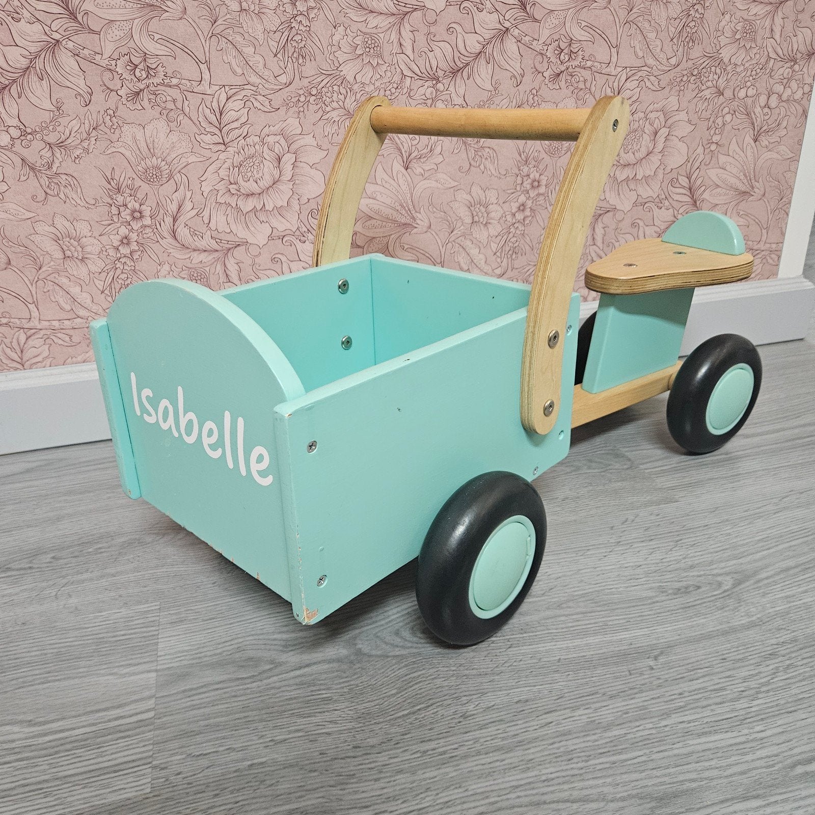 Houten bakfiets loopfiets voor kinderen - Mintgroen, Kinderen en Baby's, Ophalen, Gebruikt, Rij- of Hobbelspeelgoed