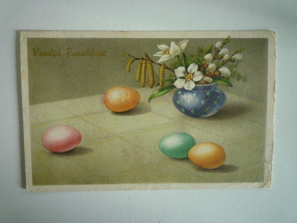 Oude Paaskaart Pasen Vroolijk Paaschfeest eieren bloemen, Ophalen of Verzenden, Voor 1920, Overige thema's