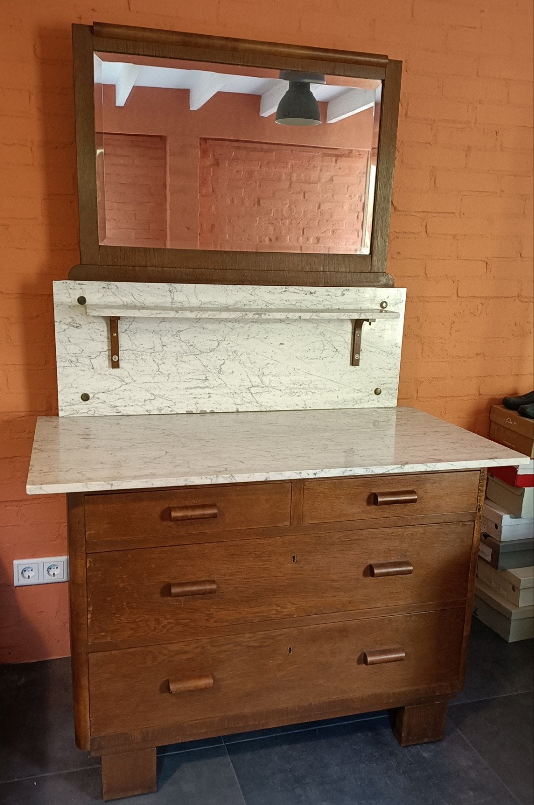 Vintage Ladenkast met Marmer Blad en Spiegel, Ophalen, Gebruikt