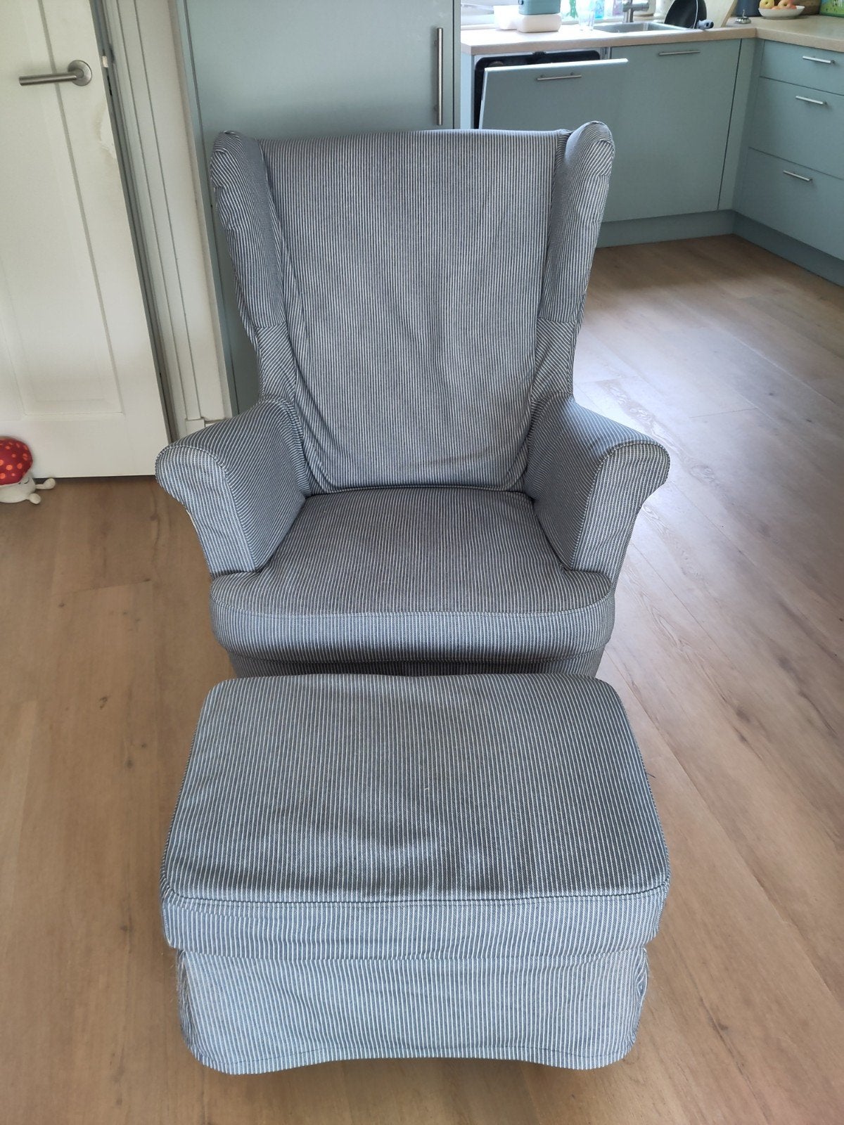 Ikea Strandmon fauteuil met hocker, Ophalen, Gebruikt, 75 tot 100 cm, 50 tot 75 cm