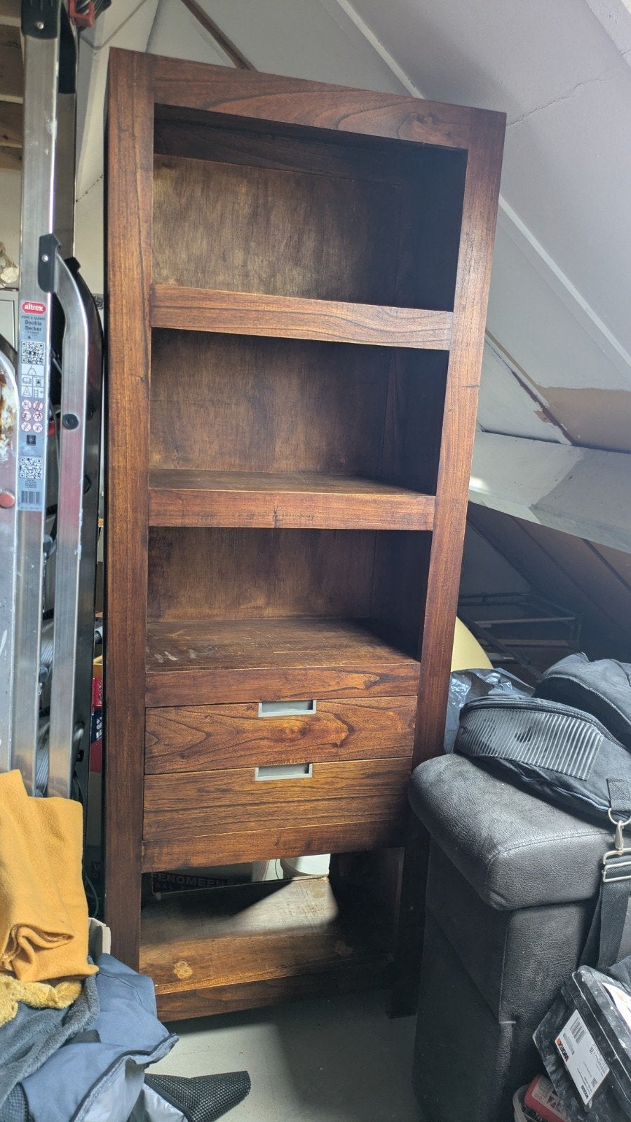 Houten kast met lades en open vakken, Ophalen