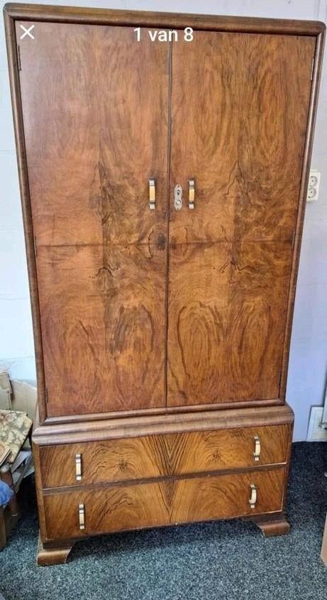 195 ART DECO Tallboy kast kledingkast wortelnotenhoutfineer, Antiek en Kunst, Ophalen