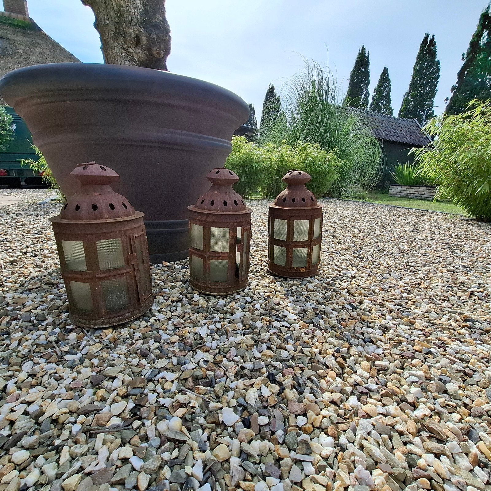 Set van 3  handgemaakte, roestige metalen lantaarns, Tuin en Terras, Ophalen of Verzenden