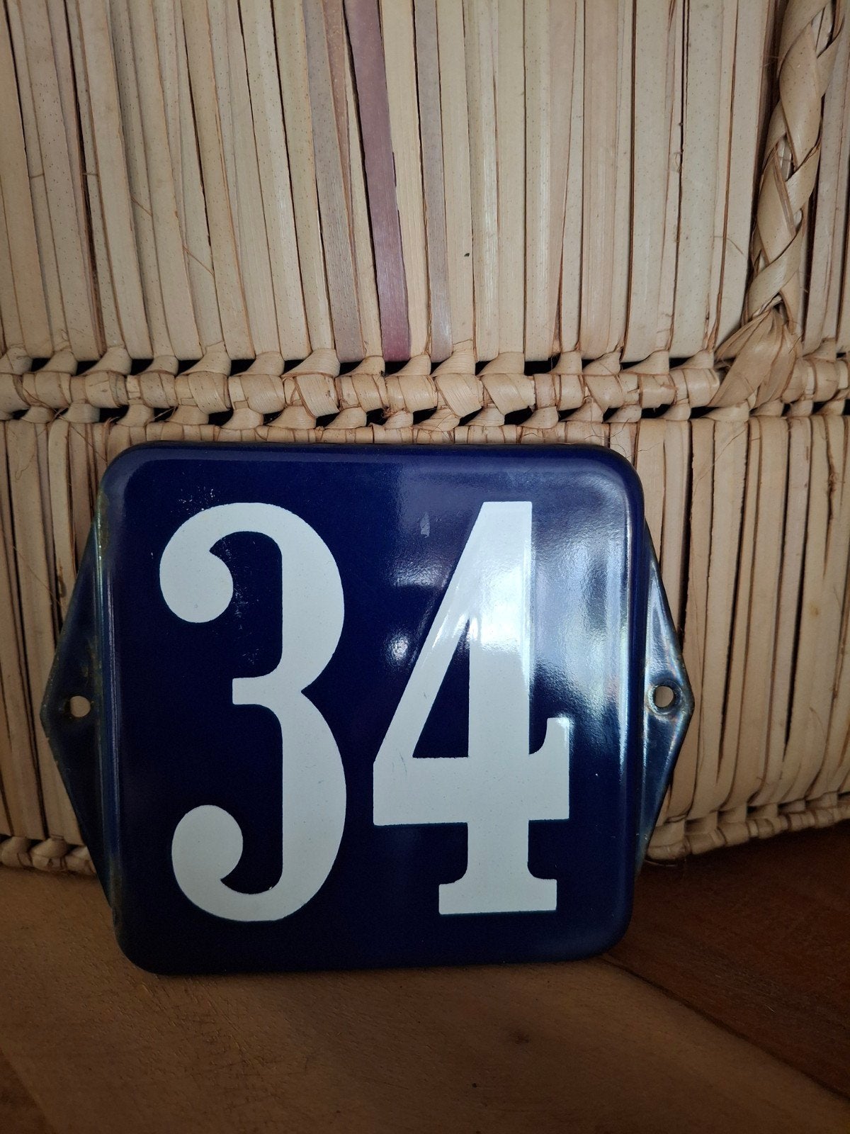 Vintage Emaille Huisnummer 34 - Blauw met Wit, Antiek en Kunst, Ophalen of Verzenden