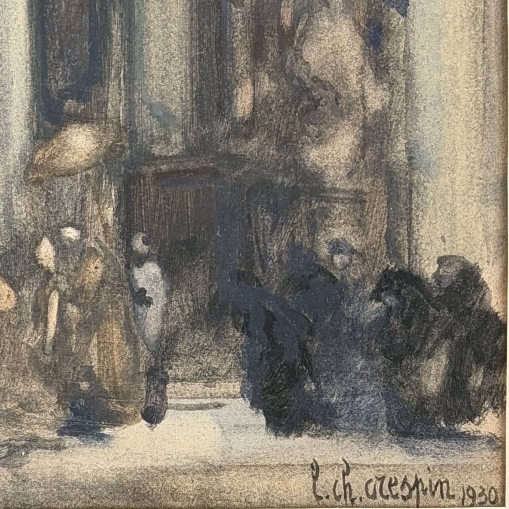 54 x 43 cm Antiek Kerkinterieur – Crespin, Ophalen of Verzenden, Schilderij, 53 cm, Papier/karton