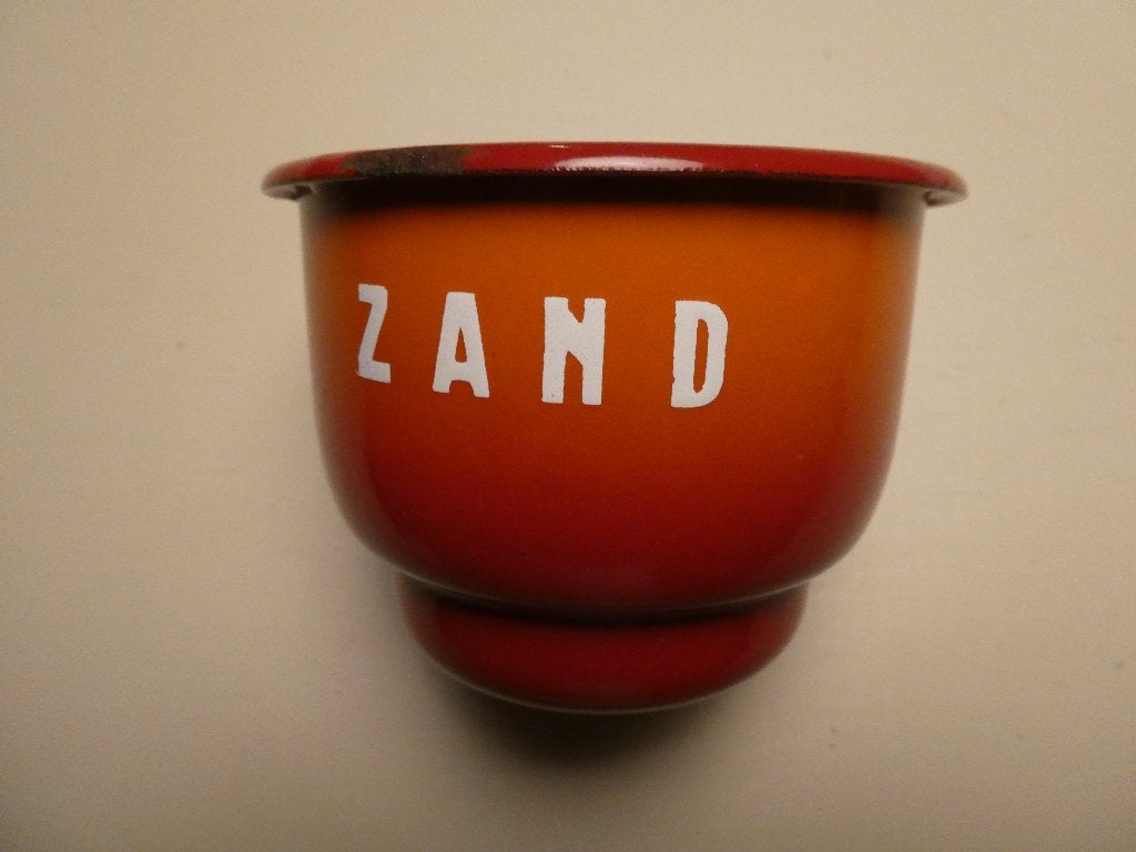 Oranje geëmailleerd potje met opdruk "ZAND ", Ophalen of Verzenden