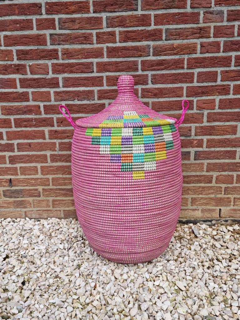Roze Afrikaanse wasmand opbergmand zeegras senegal, Ophalen of Verzenden, Nieuw, Rond, Riet