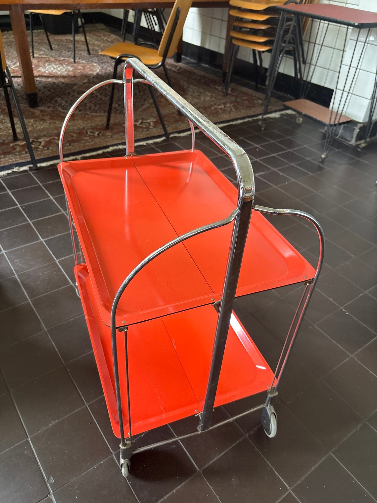 Vintage serveerwagen/theewagen - oranje met chroom, Huis en Inrichting, Ophalen, Vintage, Gebruikt, Metaal
