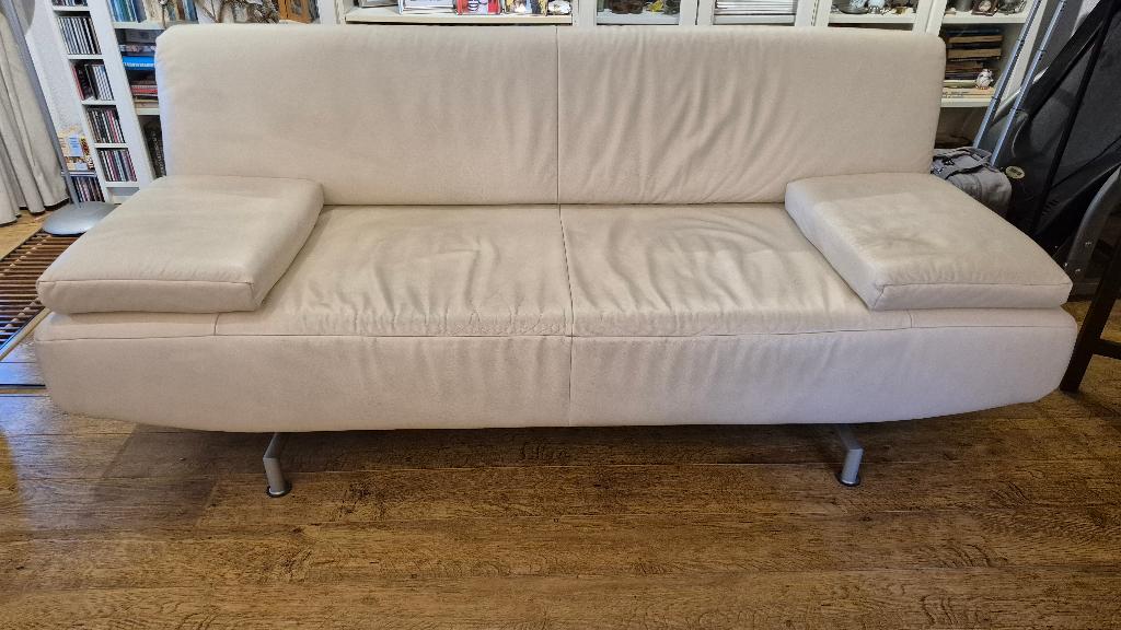 Comfortabele 2,5 zits Montel bank - Crèmekleurig leder, Ophalen, Gebruikt, Overige maten, 75 tot 100 cm