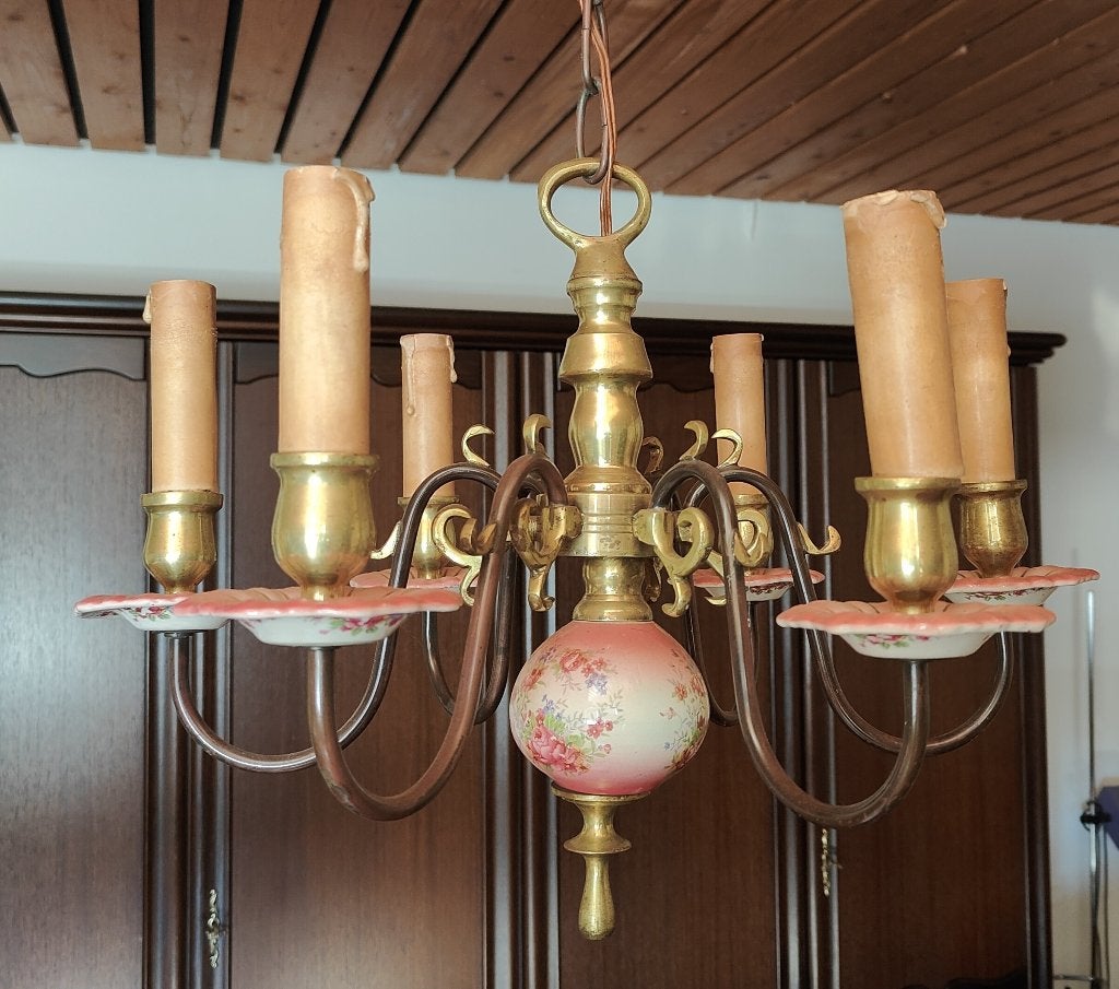 Hanglamp messing/porselein, Ophalen of Verzenden, Gebruikt, Metaal, Klassiek Romantisch Landelijk Cottage