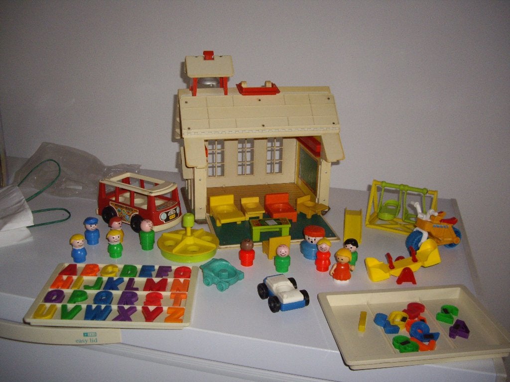 vintage F P schooltje met schoolbus, Ophalen, Gebruikt, Speelset, Met geluid