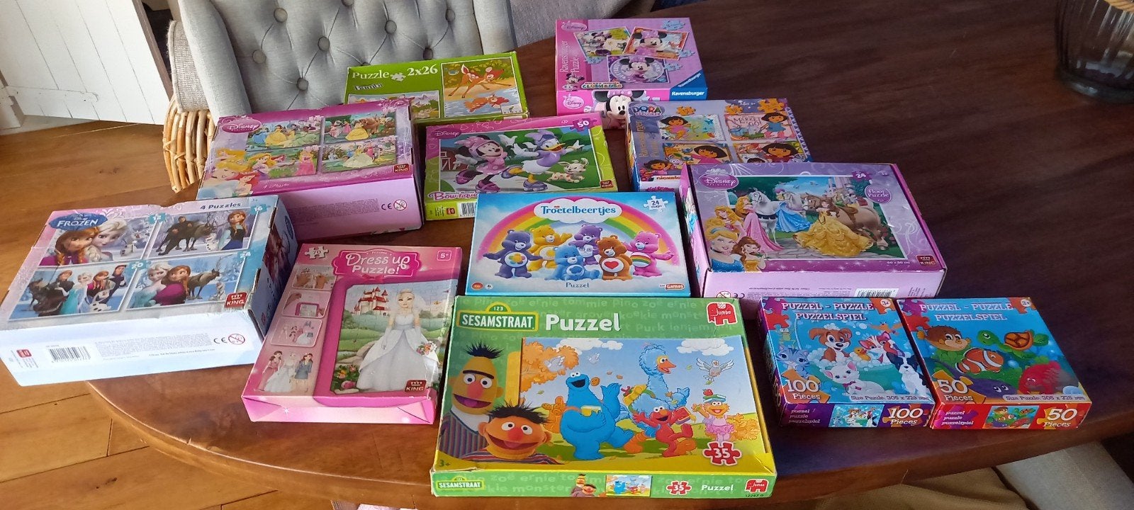 Grote collectie kinderpuzzels (Disney, Frozen, Sesamstraat), Ophalen of Verzenden, Meer dan 50 stukjes, Gebruikt, 2 tot 4 jaar