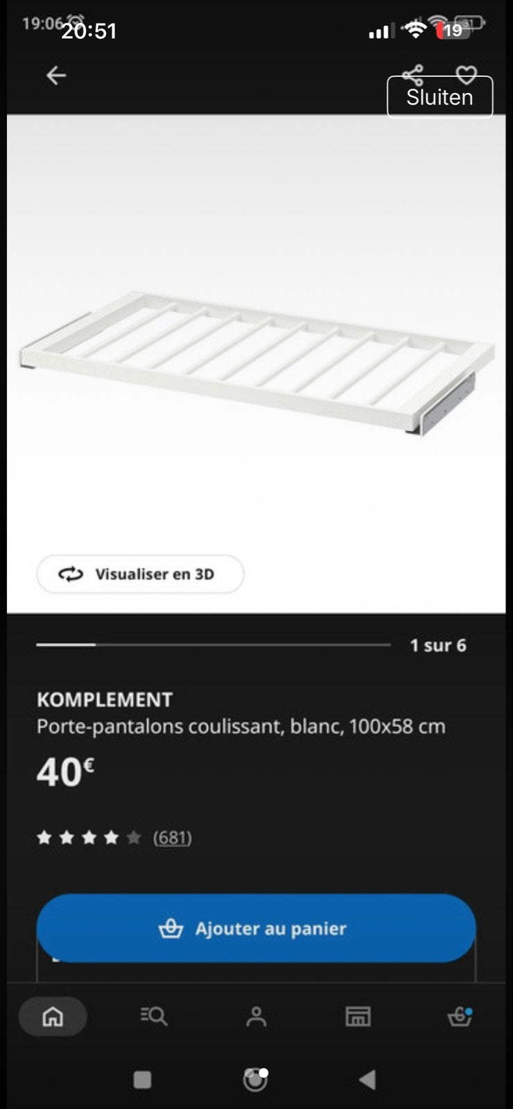 IKEA KOMPLEMENT Uitschuifbare Broekhanger Wit 50 bij 58 cm, Overige materialen, Zo goed als nieuw, Minder dan 100 cm, 50 tot 75 cm