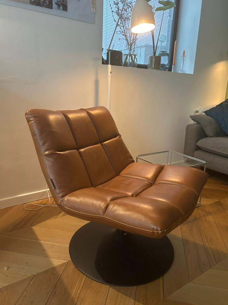 Leren fauteuil Dutchbone met draaivoet - Cognacbruin, Huis en Inrichting, Stoelen, Ophalen, Bruin, Leer, Zo goed als nieuw