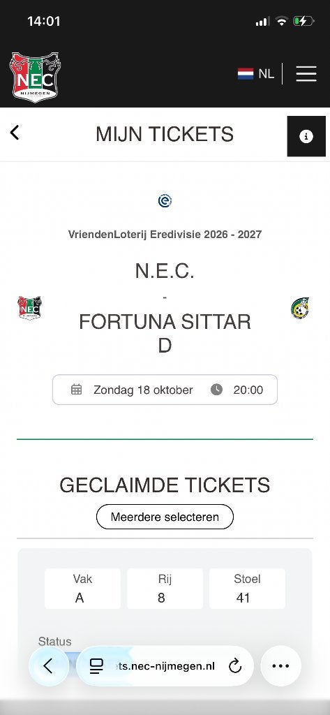 NEC - Fortuna, 1 ticket, vak A, Maat S, Ophalen of Verzenden, Nieuw, Overige typen