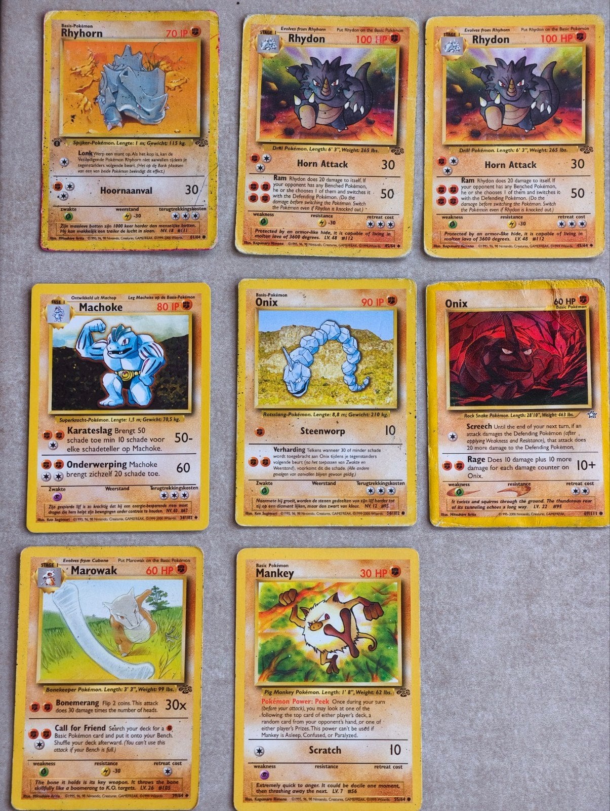 8 Vintage Fighting Pokémon kaarten - Onix, Rhydon & Machoke, Ophalen of Verzenden, Gebruikt, Meerdere kaarten