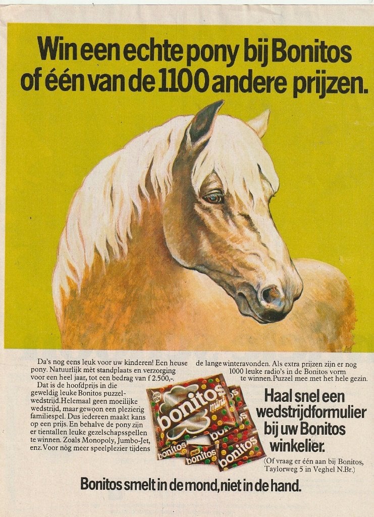 Retro reclame 1978 Bonitos chocola Veghel win 'n pony, Verzenden, Overige typen