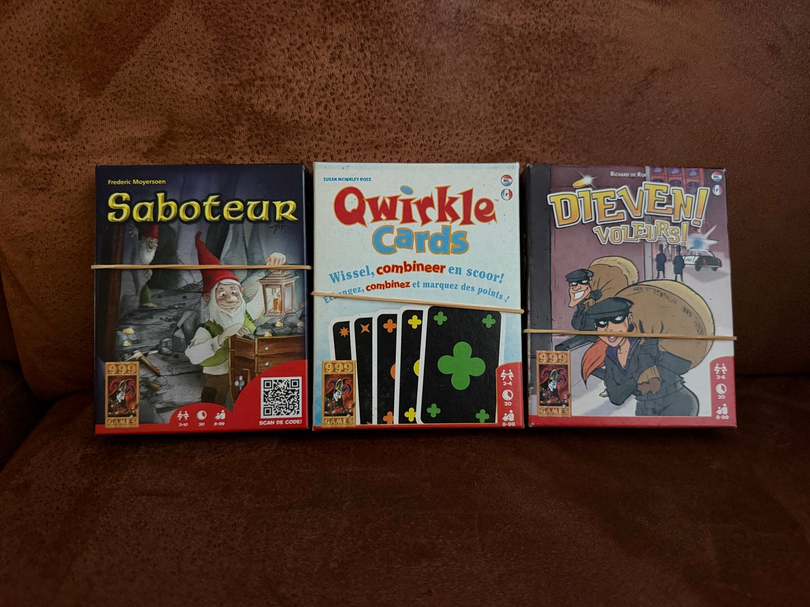 Saboteur, Qwirkle Cards & Dieven! - 3 kaartspellen, Een of twee spelers, Ophalen of Verzenden, Gebruikt
