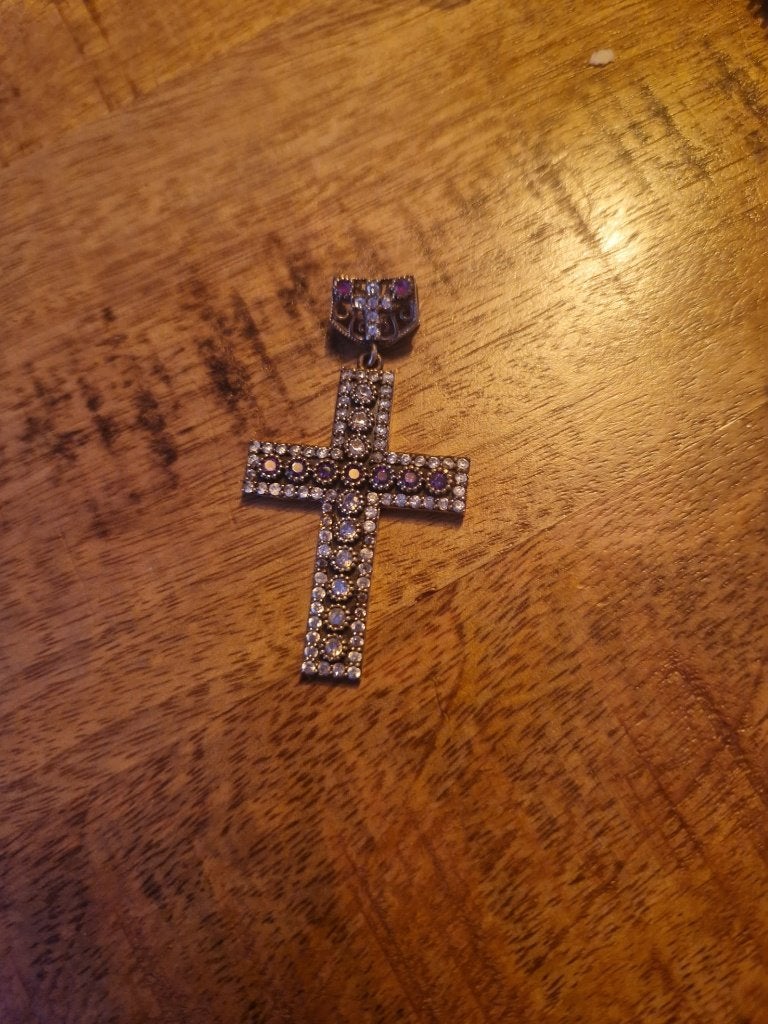 925 zilveren kruis hangertje, met amethist en bergkristal., Ophalen of Verzenden, Zilver, Hanger, Met edelsteen