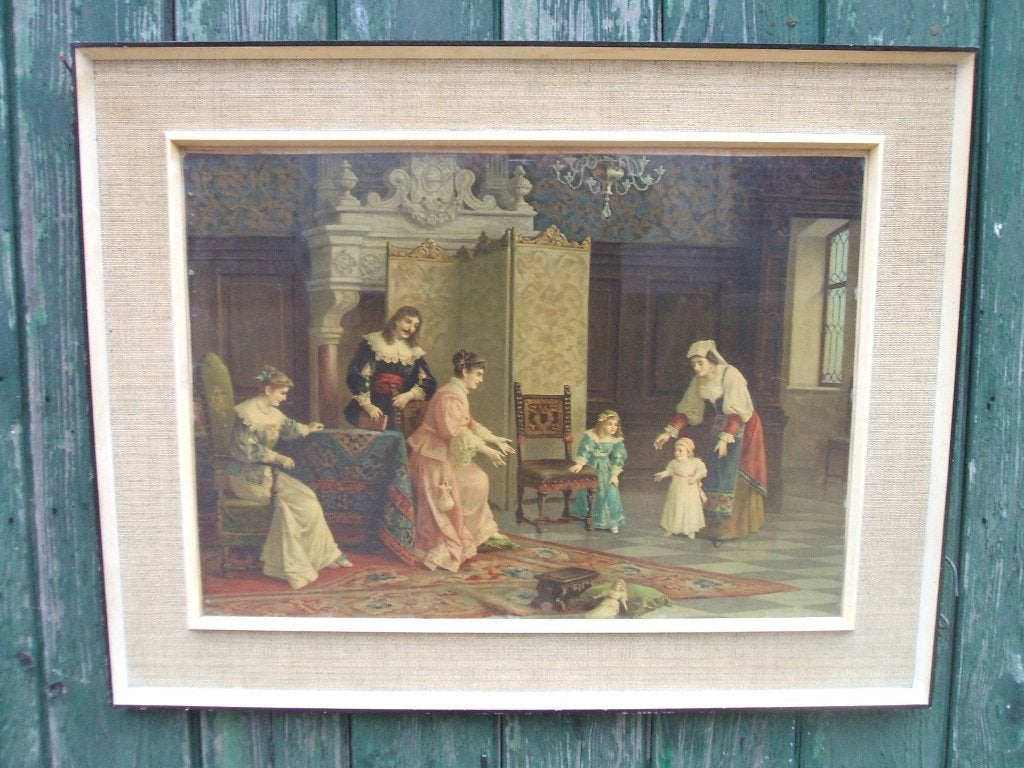 Antieke gekleurde gravure van 17e eeuws interieur., Ophalen, 90 cm, 1600 - 1699, 70 cm