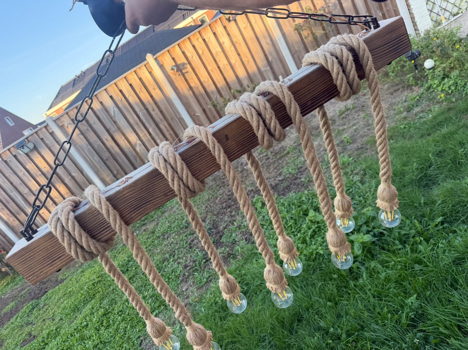Sfeervolle houten hanglamp met touw, Ophalen of Verzenden, Zo goed als nieuw