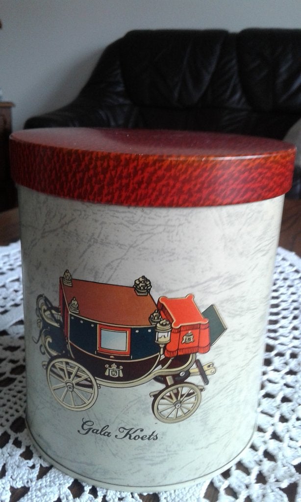 mooi beschilderd ronde galakoets blikken voorraad koffiedoos, Overige materialen, Pot, Bus of Blik, Ophalen of Verzenden, Zo goed als nieuw