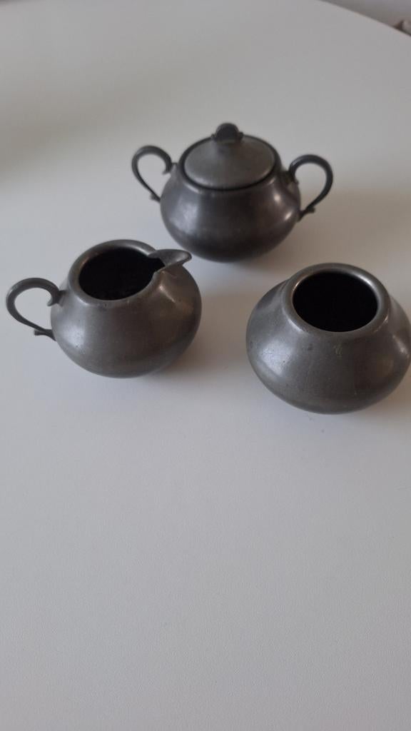 Antiek tinnen setje: suikerpot, melkkan, lepelpot, Antiek en Kunst, Ophalen of Verzenden