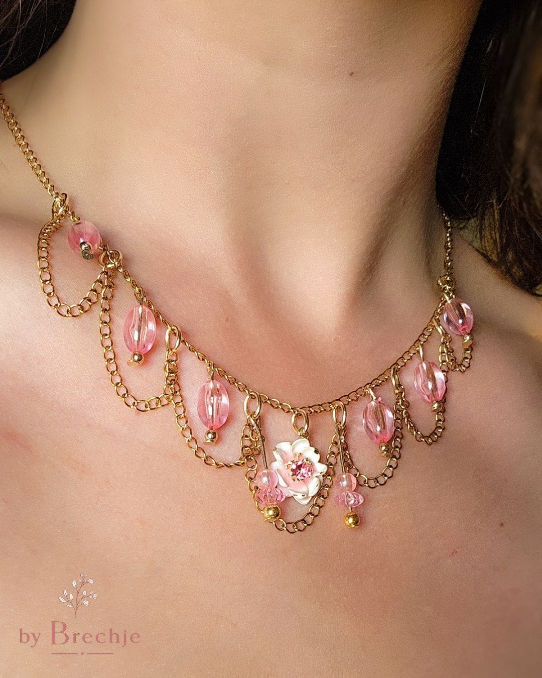 Handgemaakte roze en gouden ketting (RVS), Ophalen of Verzenden, Nieuw, Roze, Goud