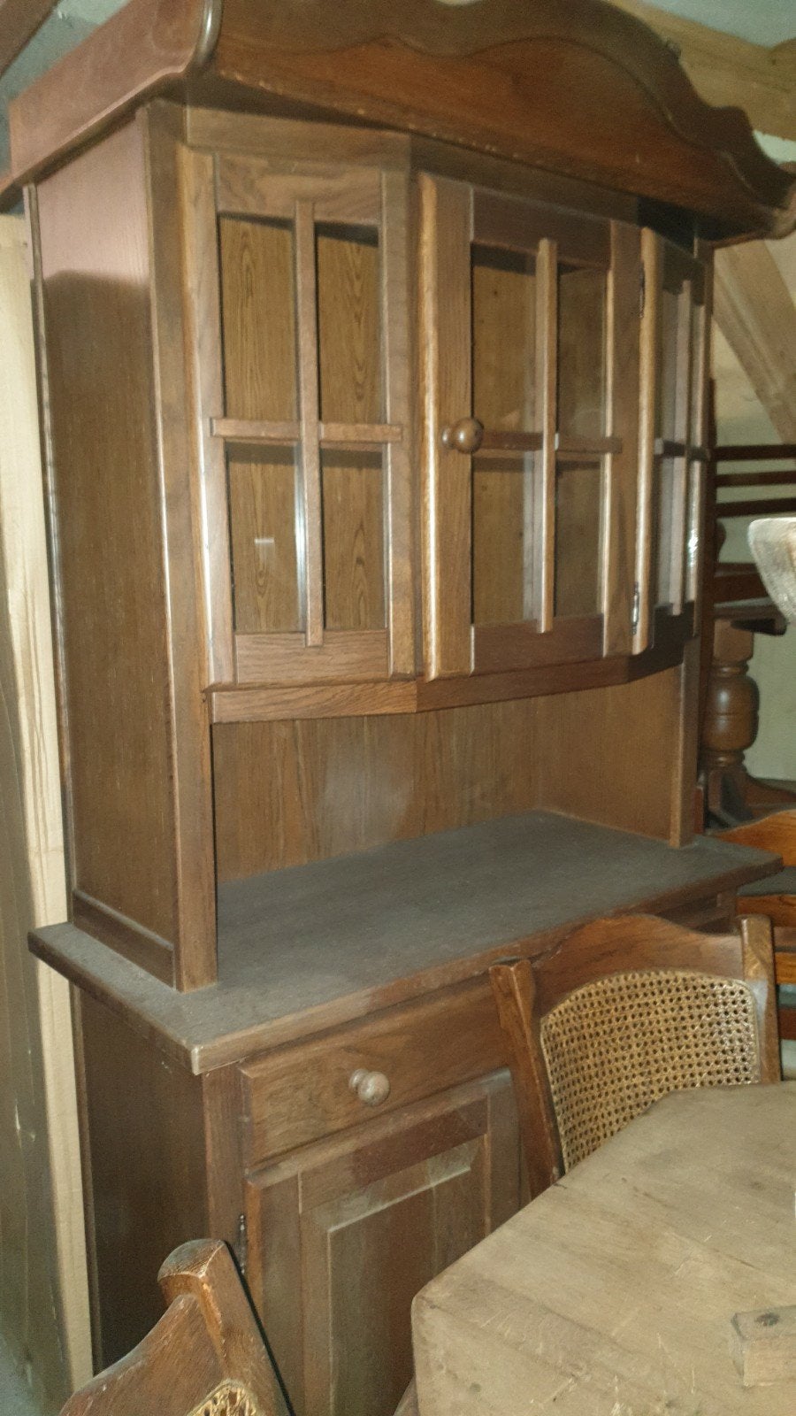 Eiken buffetkast met vitrine en lade, Ophalen, Gebruikt, Eikenhout, 150 tot 200 cm