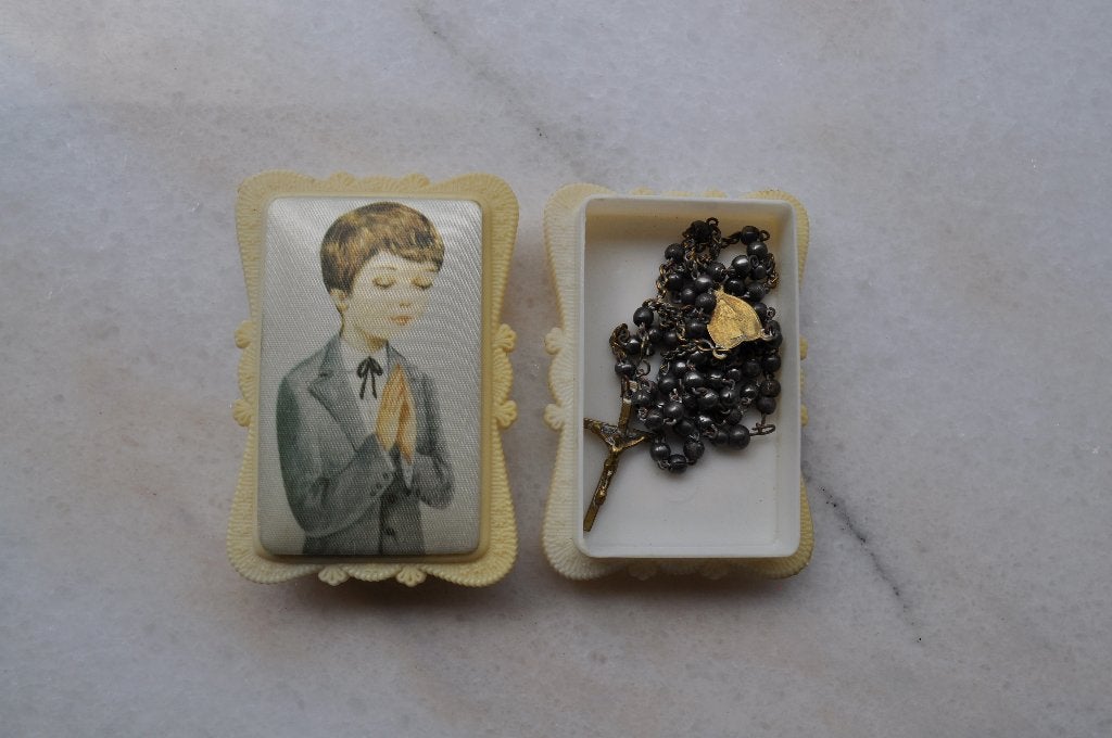 Vintage Franse 1e Communie Jongen Rozenkrans, Verzamelen, Ophalen of Verzenden, Gebruikt, Sieraad