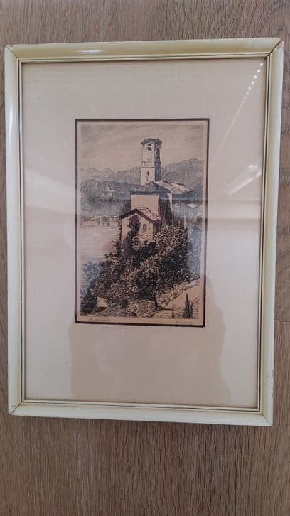 Oude ets van een gebouw met toren - gesigneerd, Ophalen of Verzenden