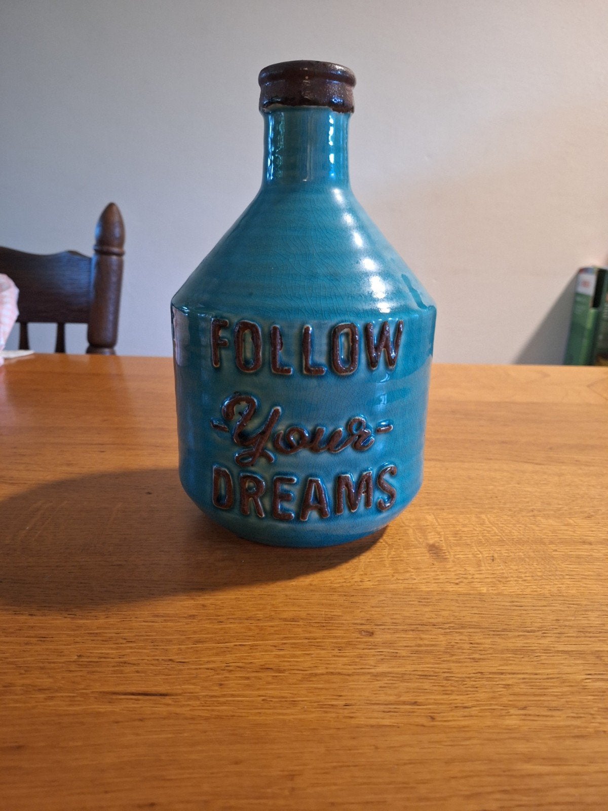 Turquoise / petrolkleurige keramische vaas, Huis en Inrichting, Overige kleuren, Met patroon/structuur, 25 cm, Ophalen of Verzenden