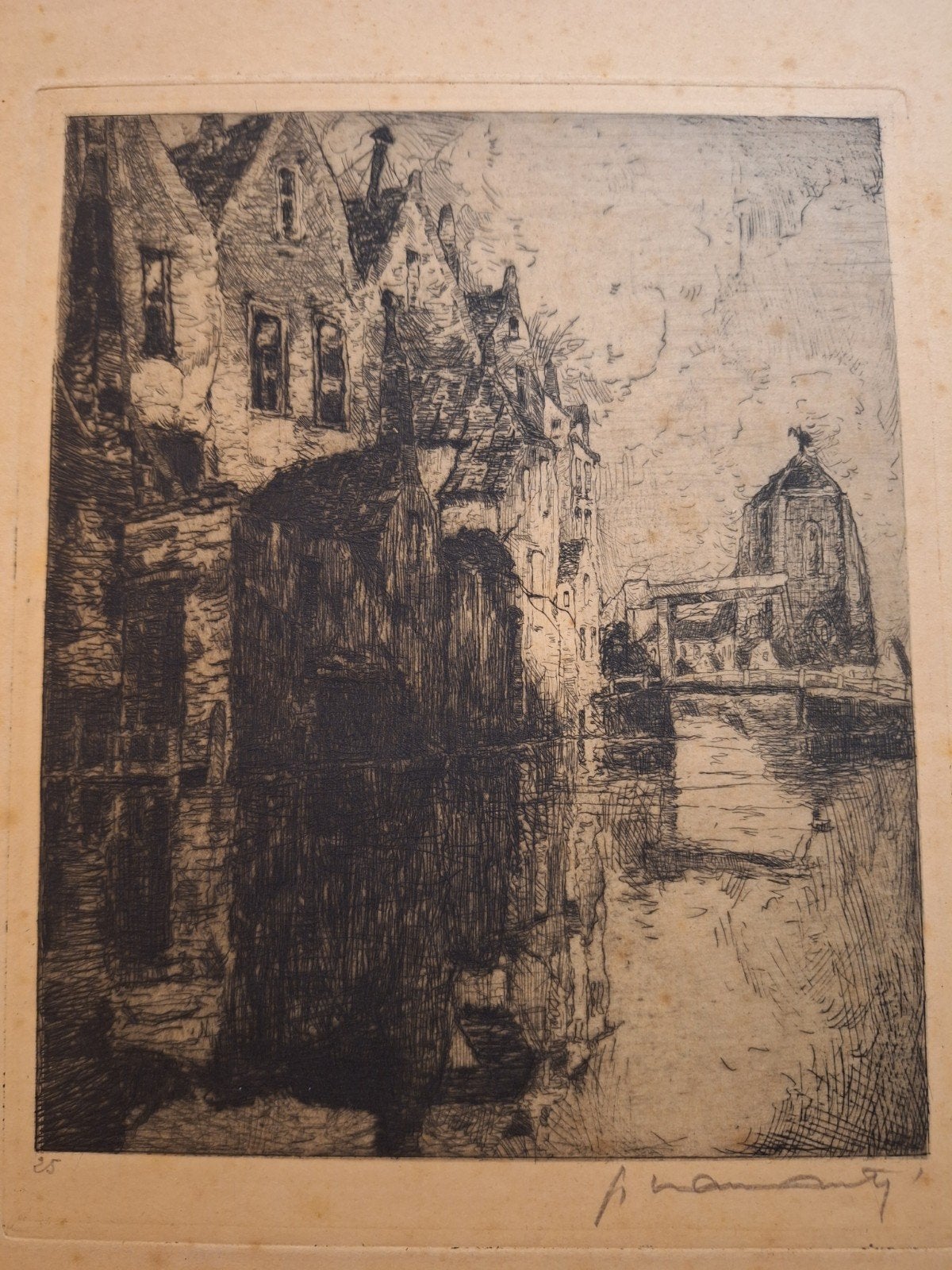 Gesigneerde ets Veere Zeeland - Stadsgezicht aan het water, Ophalen of Verzenden, Stadsgezicht, Ets, Gesigneerd