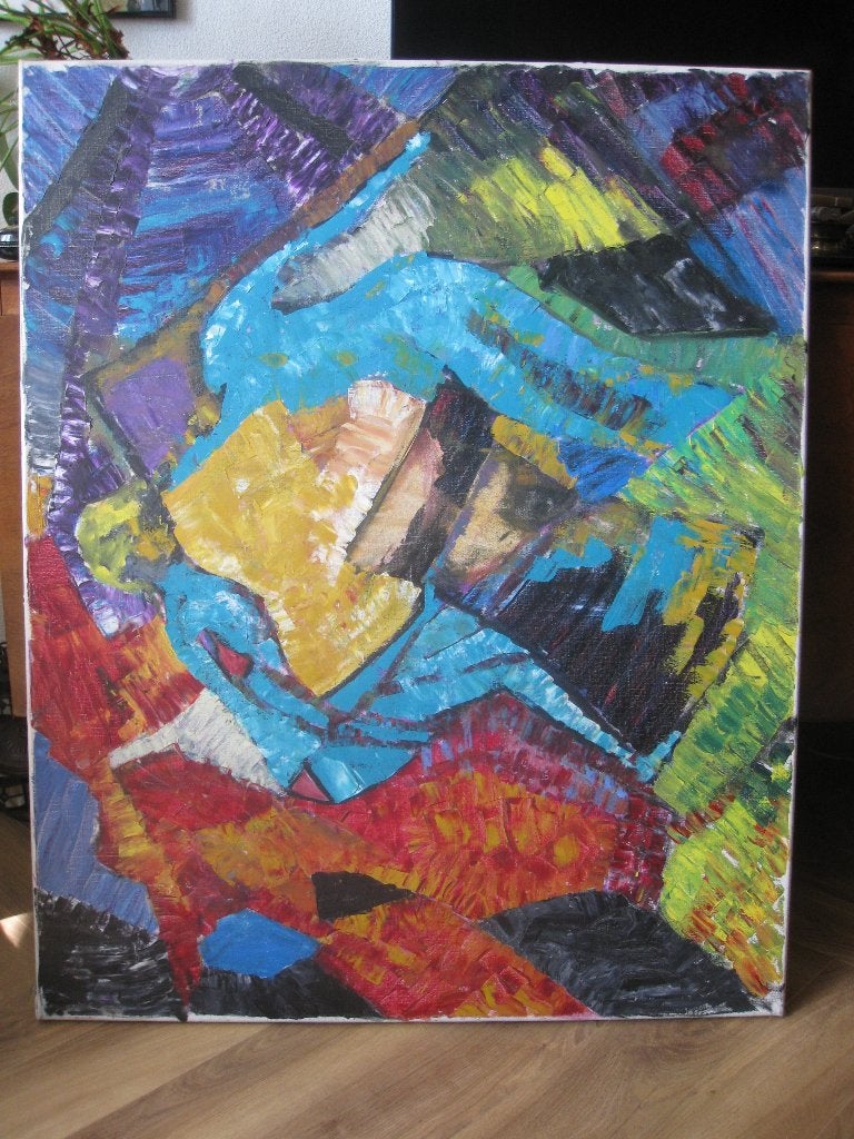 Groot olieverf schilderij met heldere kleuren., Antiek en Kunst, Kunst | Schilderijen | Abstract, Ophalen