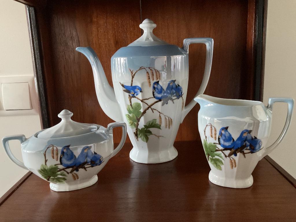 Schitterend (thee) servies met blauwe vogeltjes, Ophalen