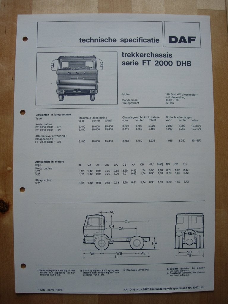 DAF FT 2000 DHB Technische Specificatie folder 1977 – 4x2, Ophalen of Verzenden, Zo goed als nieuw, Overige merken, DAF
