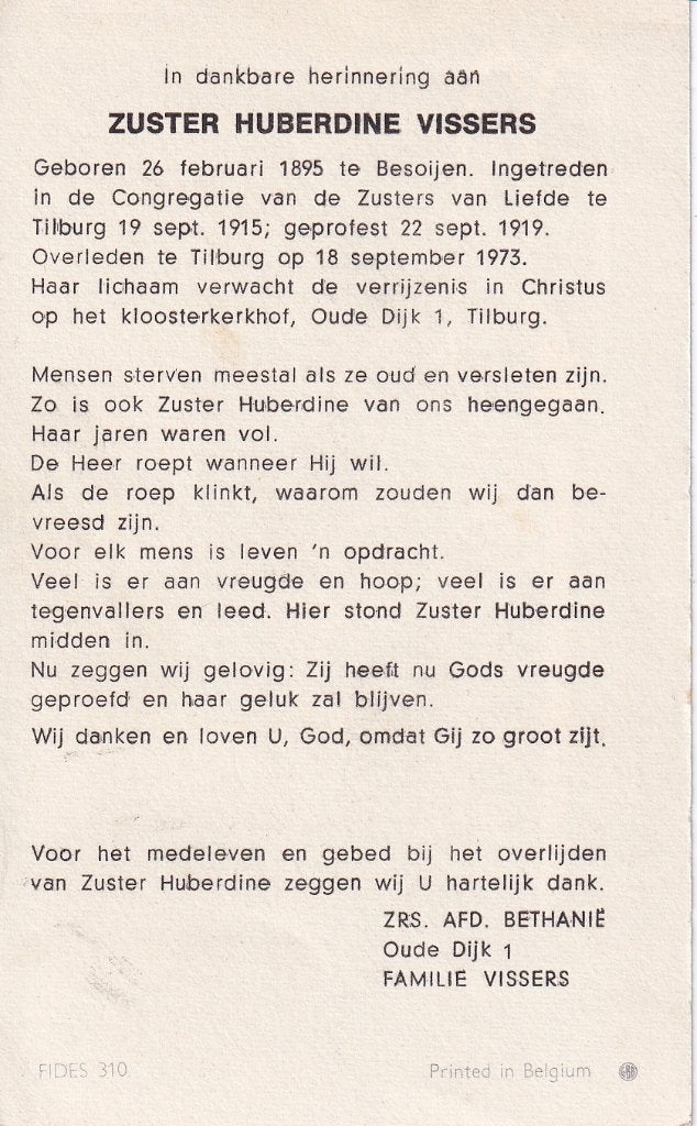 Vissers Huberdina 1895 Besoijen 1973 Tilburg zuster, Verzamelen, Bidprentjes en Rouwkaarten, Ophalen of Verzenden, Bidprentje