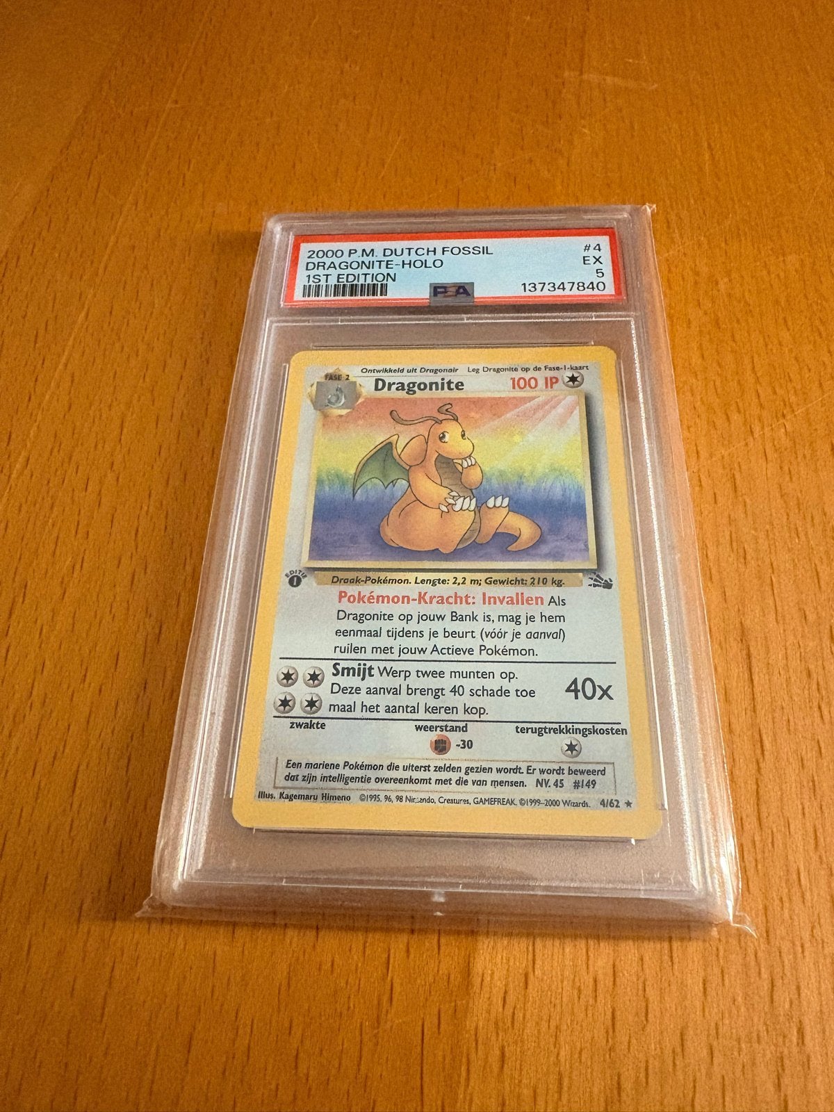 Dragonite 1st Edition Fossil Holo Nederlands PSA 6, Ophalen of Verzenden, Gebruikt, Losse kaart, Foil