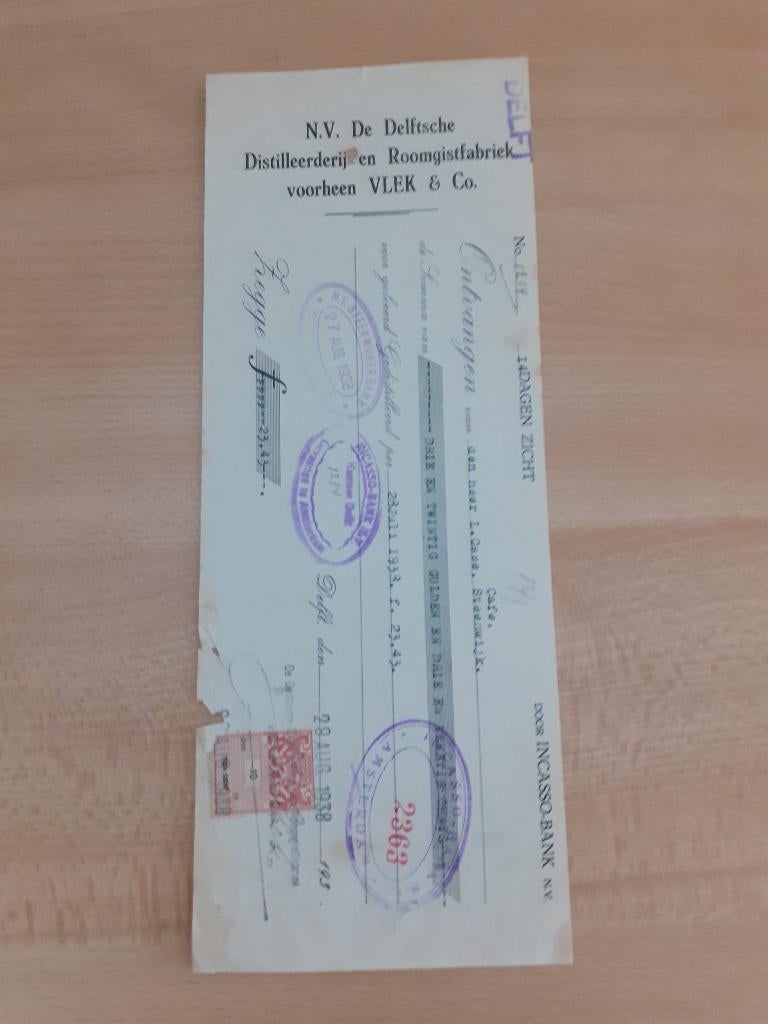 Delftsche distilleerderij roomgistfabriek wissel 1938 VLEK, Ophalen of Verzenden, Gebruikt, Overige typen
