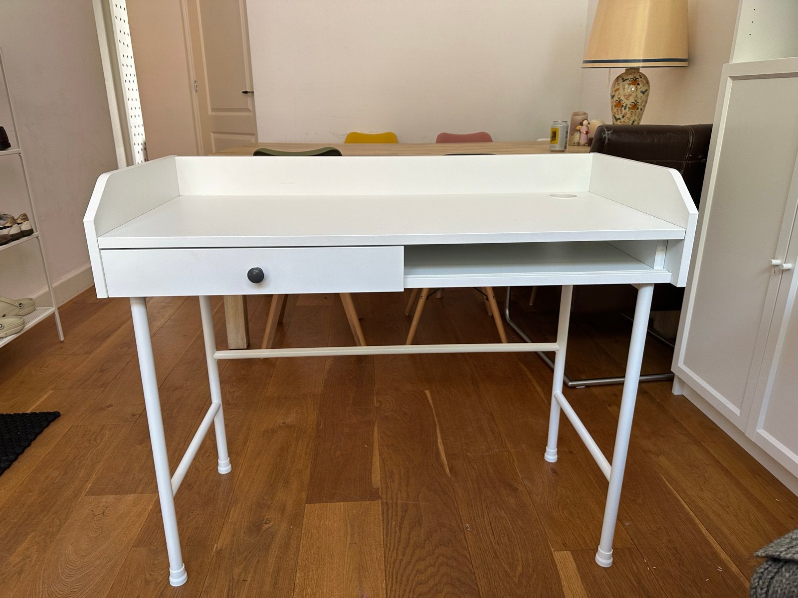 IKEA HAUGA Bureau wit - 100x45 cm met lade en opbergvak, Ophalen, Met lades, Zo goed als nieuw, IKEA