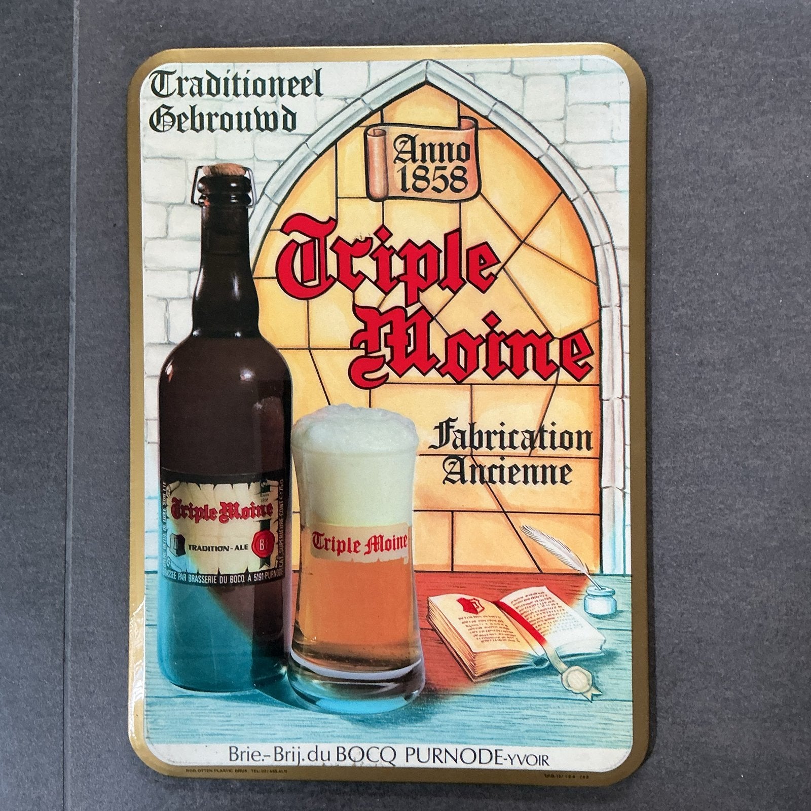 Vintage Triple Moine Reclamebord - Brouwerij du Bocq, Ophalen of Verzenden, Gebruikt, Reclamebord