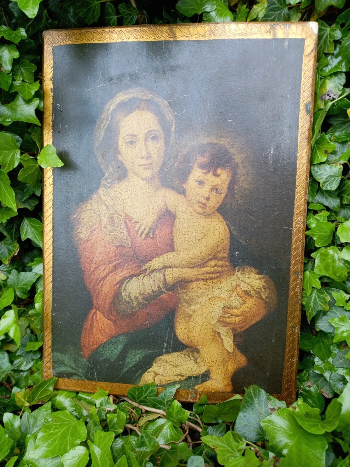 Antiek Houten Paneel: Maria met Kindje Jezus, Antiek en Kunst, Antiek | Religie, Ophalen of Verzenden