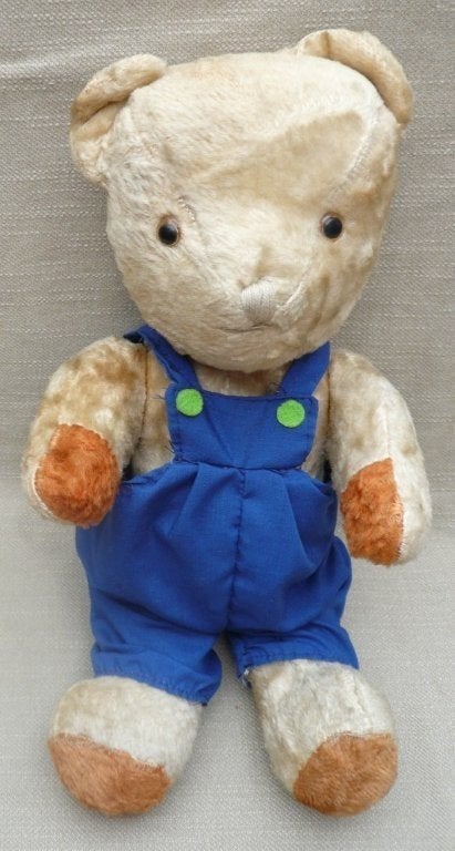 Oud teddybeertje met blauwe tuinbroek aan    , Ophalen of Verzenden, Gebruikt, Stoffen beer, Overige merken