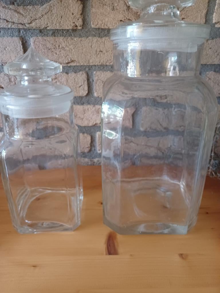 2 Vintage Glazen Snoeppotten bewaarpot potten met Deksel, Ophalen of Verzenden